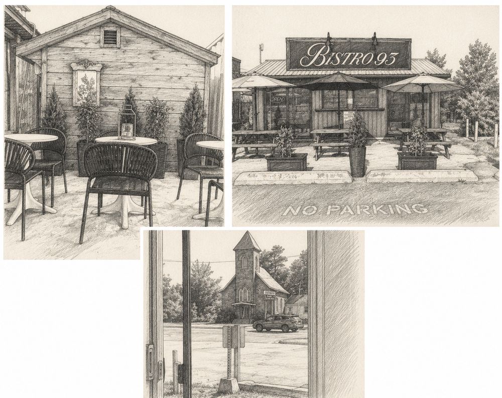 Hand-drawn sepia illustration of Bistro 93 and its patio